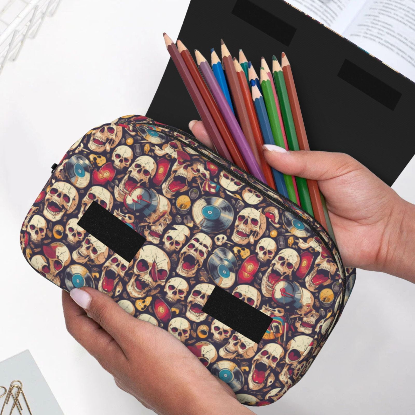 Rateoe rock record music Skull Pattern Double Clamshell Pen Case, Storage Organizer with Two Zipper Compartments– Holds Up to 50 Pencils & Pens