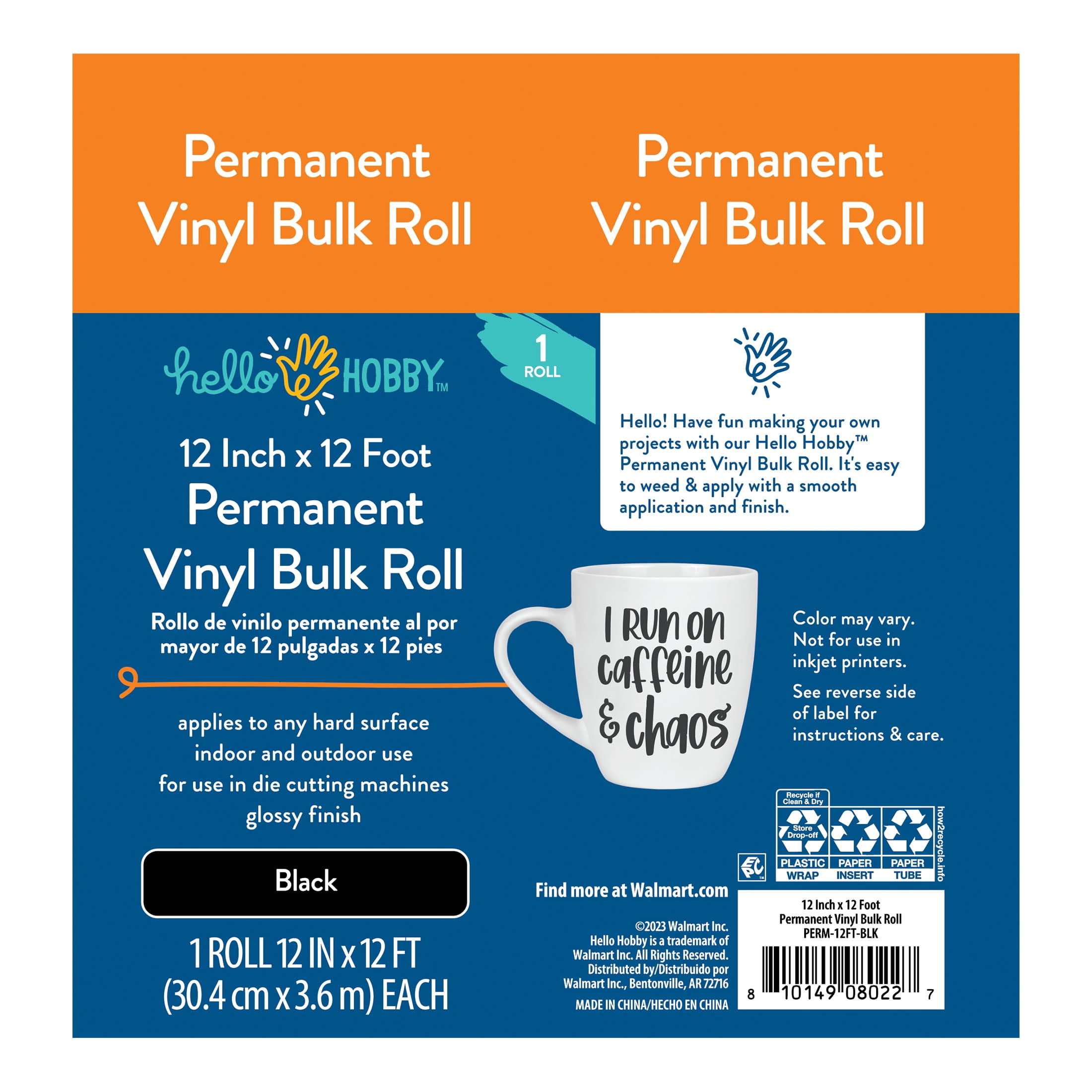 Hello Hobby 12" x 12' Black Permanent Craft Vinyl Bulk Roll