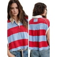 thumbnail image 3 of Womens Striped Short Sleeve V Neck Button Down Color Block Loose Pullover Tops Red XL, 3 of 7