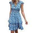 thumbnail image 2 of Robe Boho pour Femmes Col en V O-Ring Imprimé Floral Volant Mini Robe Taille Smockée Été Ligne A Swing Plage Robe d'Été, 2 of 7