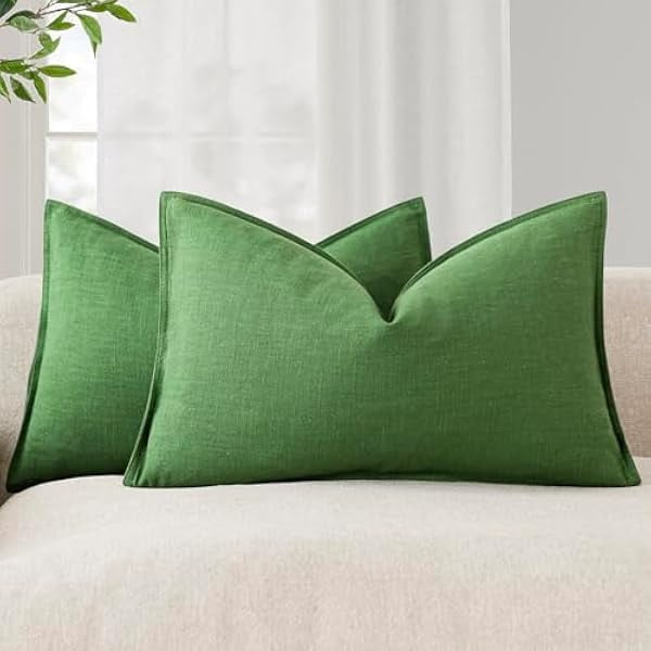Chenchen Pack of 2, Decorative Linen Soild Throw Pillow Covers Soft Accent Lumbar Cushion Case Boho Farmhouse Pillowcase for Chair Couch Sofa Bedroom Living Room Home Decor 12 x 20 Inch Forest Green