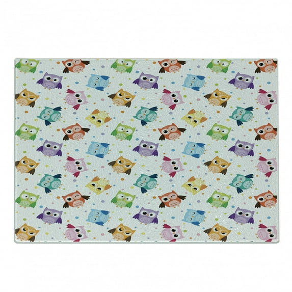 Cartoon Cutting Board, Dotted Background Colorful Owls Various Facial Expressions Angry Happy Confused, Decorative Tempered Glass Cutting and Serving Board, Small Size, Multicolor, by Ambesonne