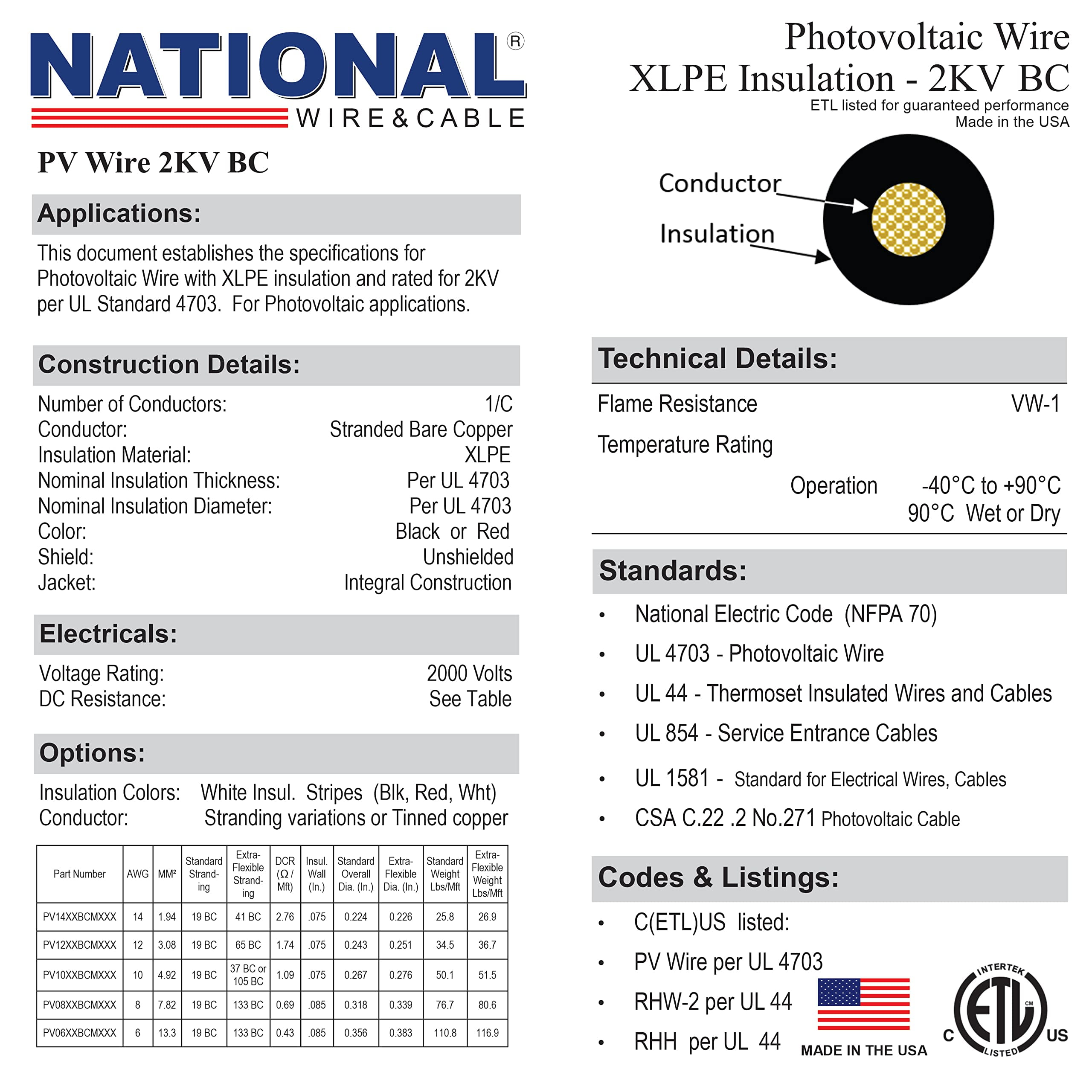 NATIONAL Wire&Cable - 8 Gauge Solar Panel Professional Wire - Made in USA - 2x30 Ft Copper PV Wire UL Listed