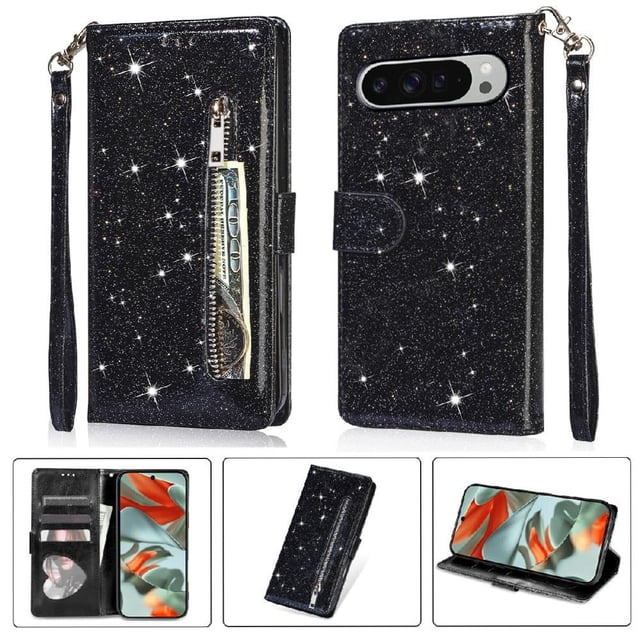 Case for FOXDOCK Google Pixel 9/9 Pro Glitter Zipper Wallet Case with Short Hand Strap