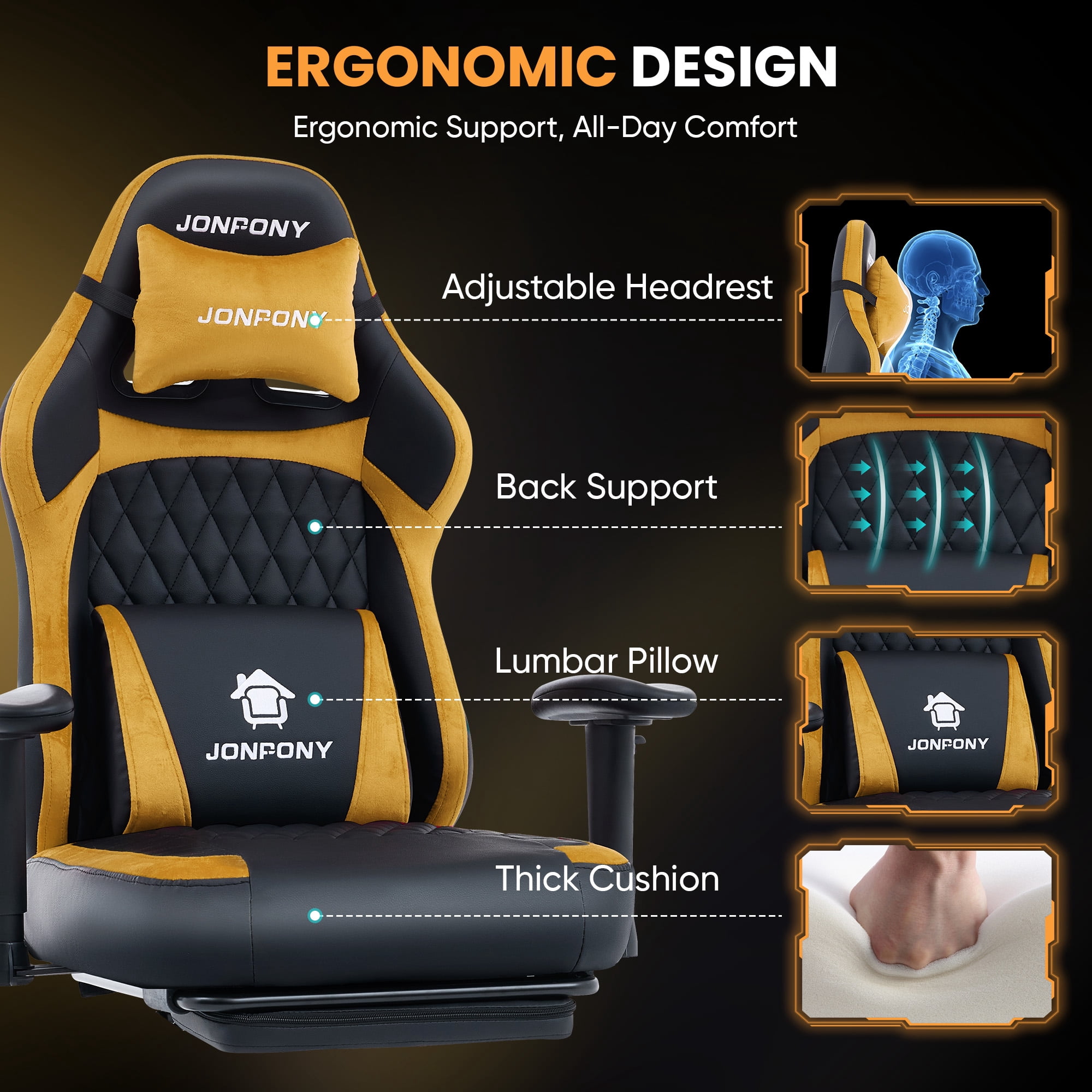 JONPONY Big and Tall 500LBS Ergonomic Gaming Chair, Gamer Chair PU Leather with Footrest and Lumbar Support, High Back Office Chair Support 8 Hours Long Sitting, Computer Chair,2D Armrests，Orange