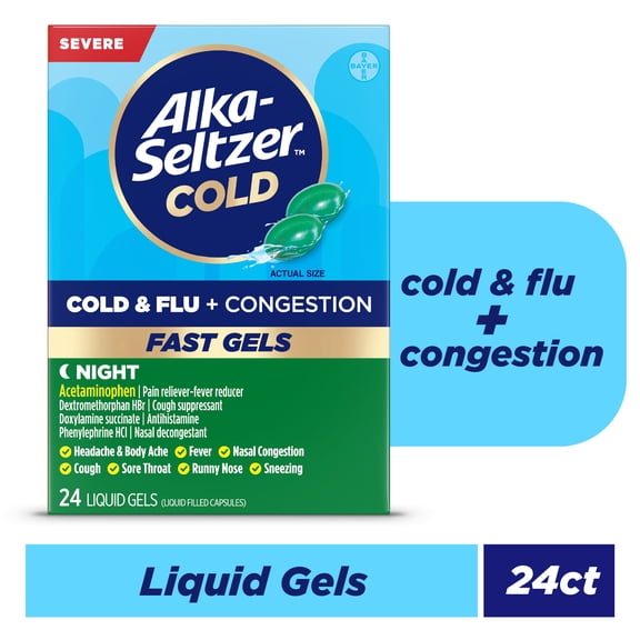 Alka-Seltzer Plus Maximum Strength Powermax Cold & Flu Night Liquid Gels, 24 Ct