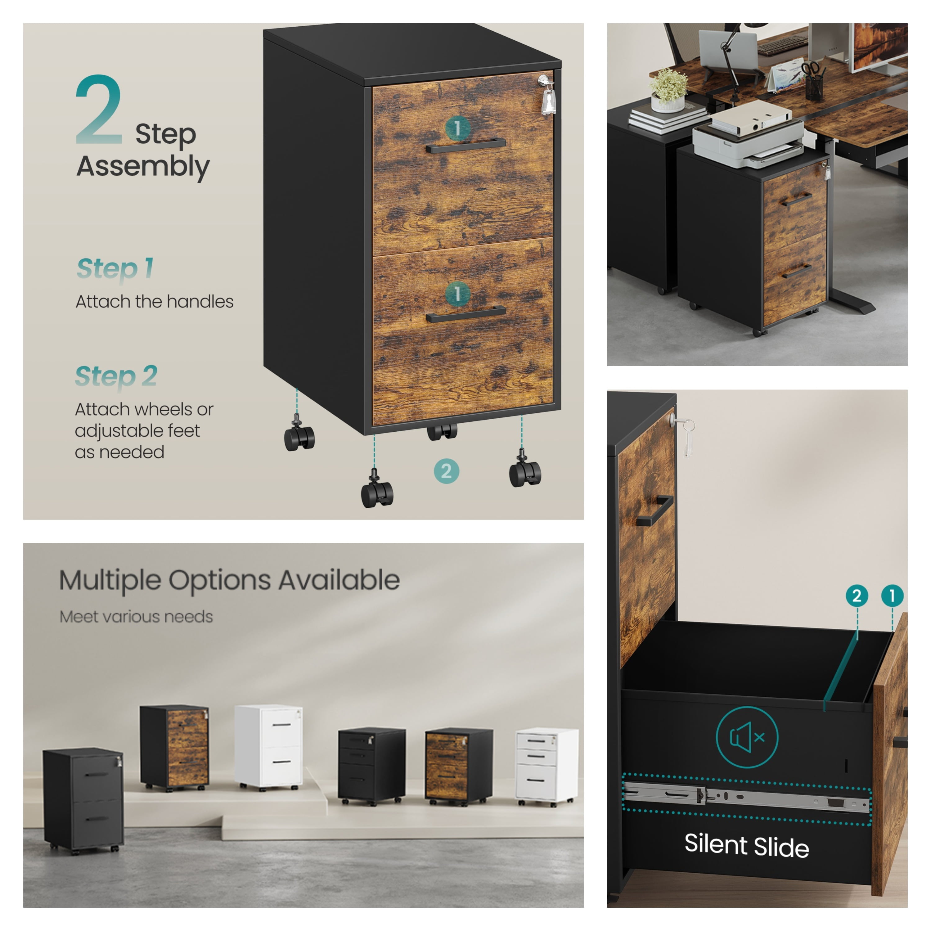 LEDREM File Cabinet with Lock, Pre-Assembled Office Filing Cabinet, 2 Drawers for A4/Legal/Letter Documents, 17.7 x 14.4 x 25.4 Inches, Rustic Brown and Black