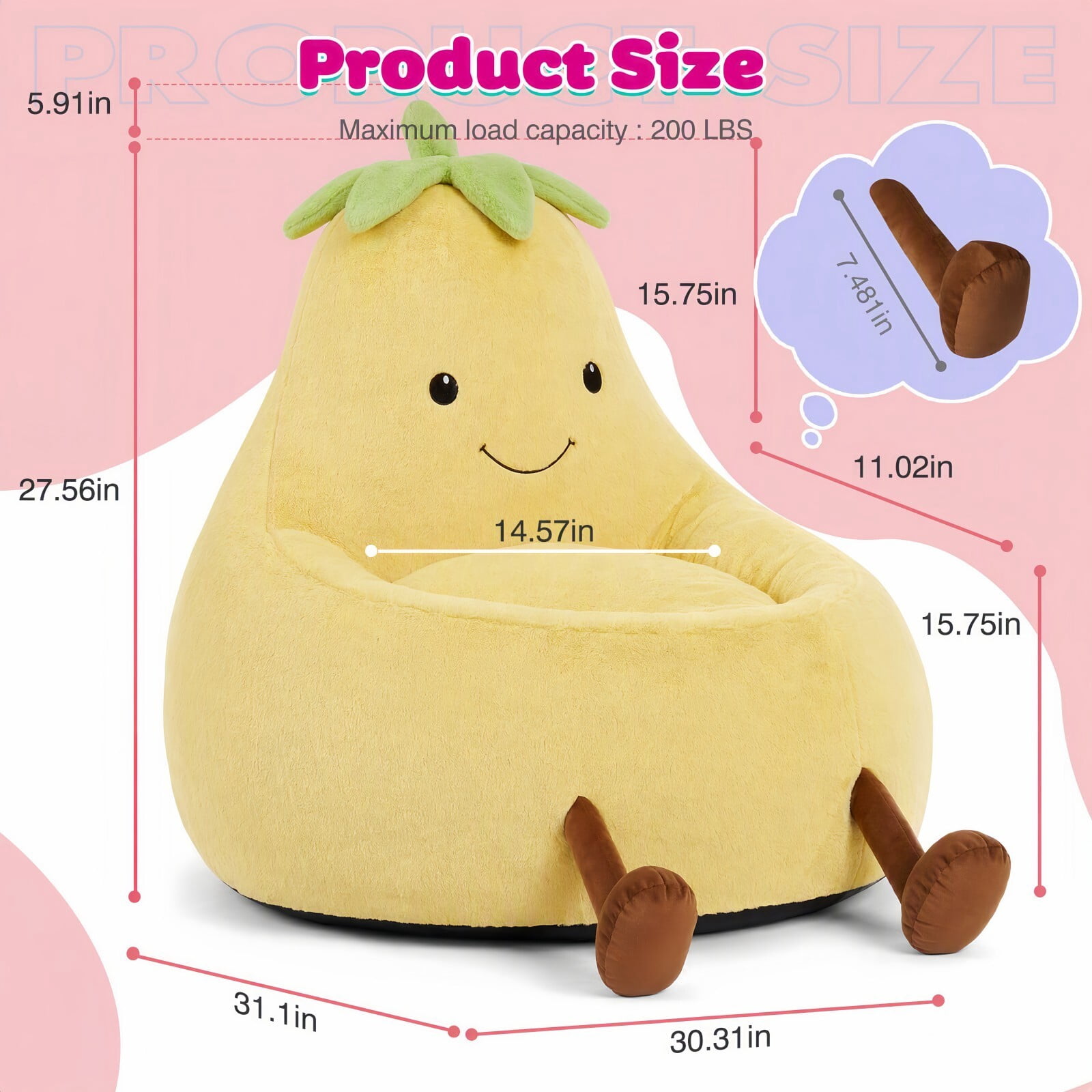 Kelno 31" Kids Bean Bag Chair Faux Rabbit Fur Lazy Chair Toddler Couch, Yellow