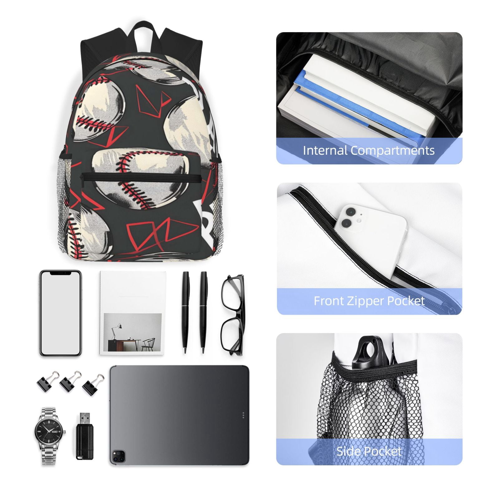 Casual Backpack Water Resistant Lightweight Daypack For Work Travel Hiking Camping Laptop Compartment & Side Mesh Pockets Baseball Theme Urban Street Sport Style (3)