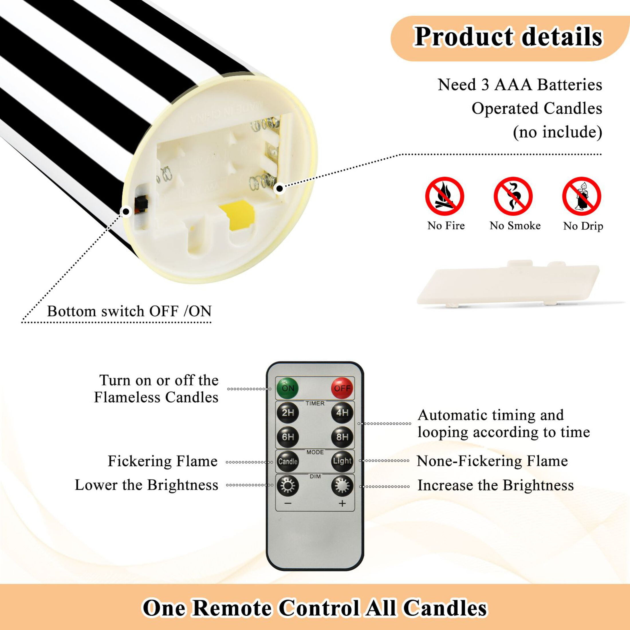 Stripes Lines Pattern Design Flameless Candles 2 PCS with Remote Realistic Moving Flame LED Tapered Pillar Set for Home Decor