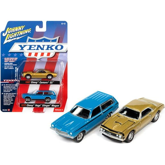 Johnny Lightning JLPK014-JLSP170B 2.75 x 2 in. 1-64 Scale 1967 Chevrolet Camaro SS & 1972 Chevrolet Vega Stinger YENKO Cars Diecast Model Cars, Wagon Blue - Set of 2