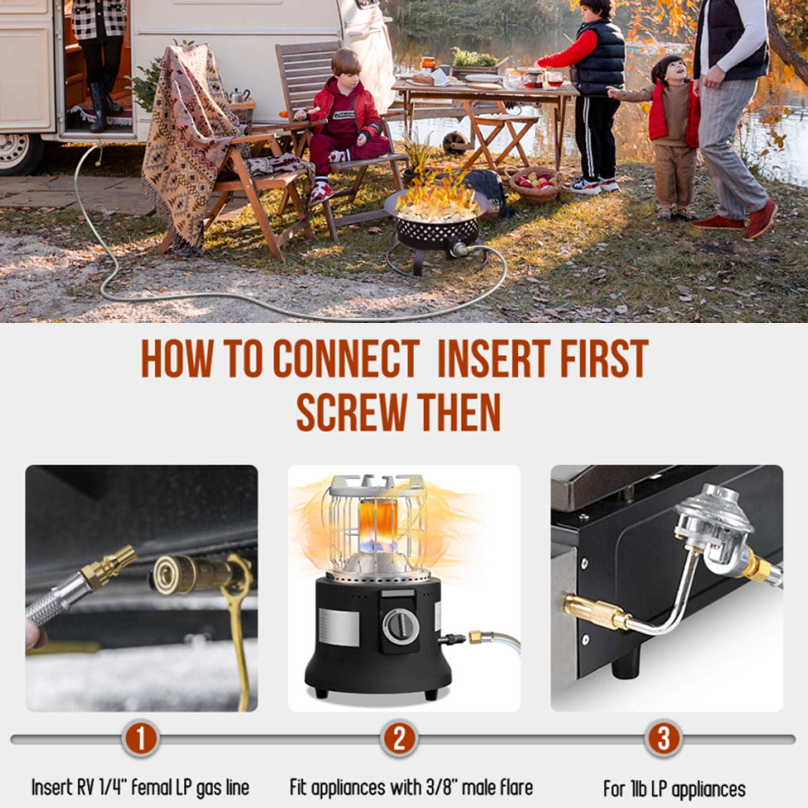 12FT 1/4'' Quick Disconnect Connect Propane Hose for RV to Grill, with Adapter Connects 1 LB Portable Appliance for Blackstone Griddle, Weber Q, Coleman Grill, Buddy Heaters and More, 3/8" Female Nut
