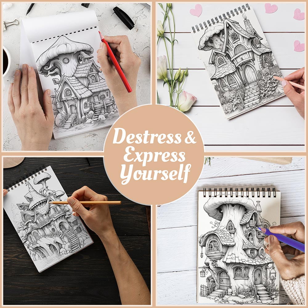 Gnomes House Coloring Book Spiral Bound For Adults, A5 Wooden Cover, 30 Charming Coloring Pages of Enchanted Gnome Villages for Stress Relief and Relaxation