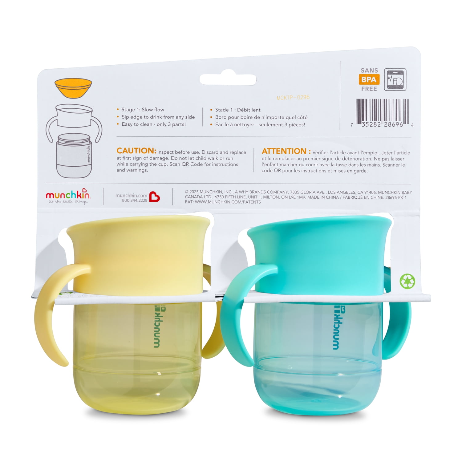 Munchkin Miracle 360 Trainer Cup, Spill-Proof, 7 oz, Blue/Yellow, 2 Pack, Unisex