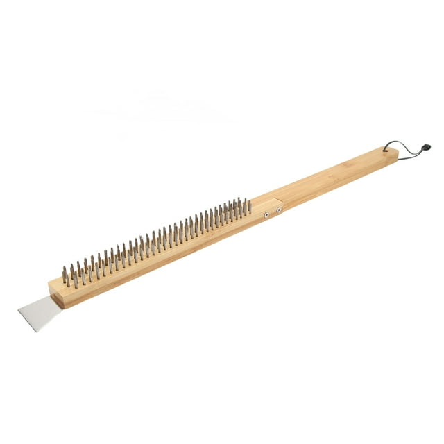 Cepillo largo para horno de Pizza con raspador, cerdas metálicas montadas, cepillo para Pizza, cepillo para Pizza extraíble con mango de madera
