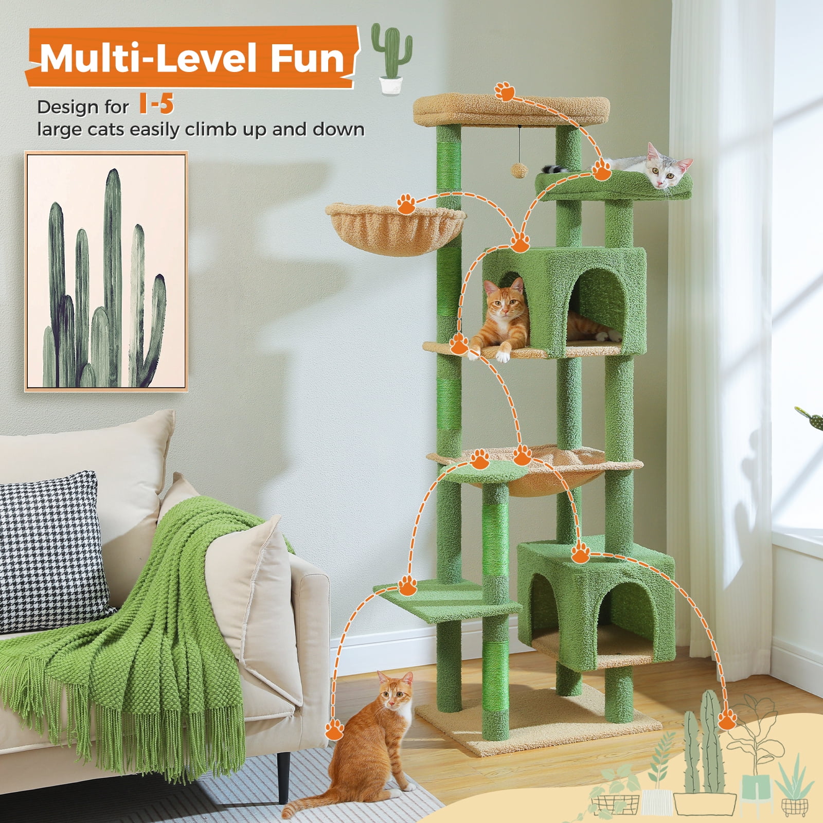 Pefilos 69" Tall Cat Tree for Indoor Large Cats with Hammock, Cat Climbing Tree Tower with Scratching Posts, Condo House and Top Perch, Green