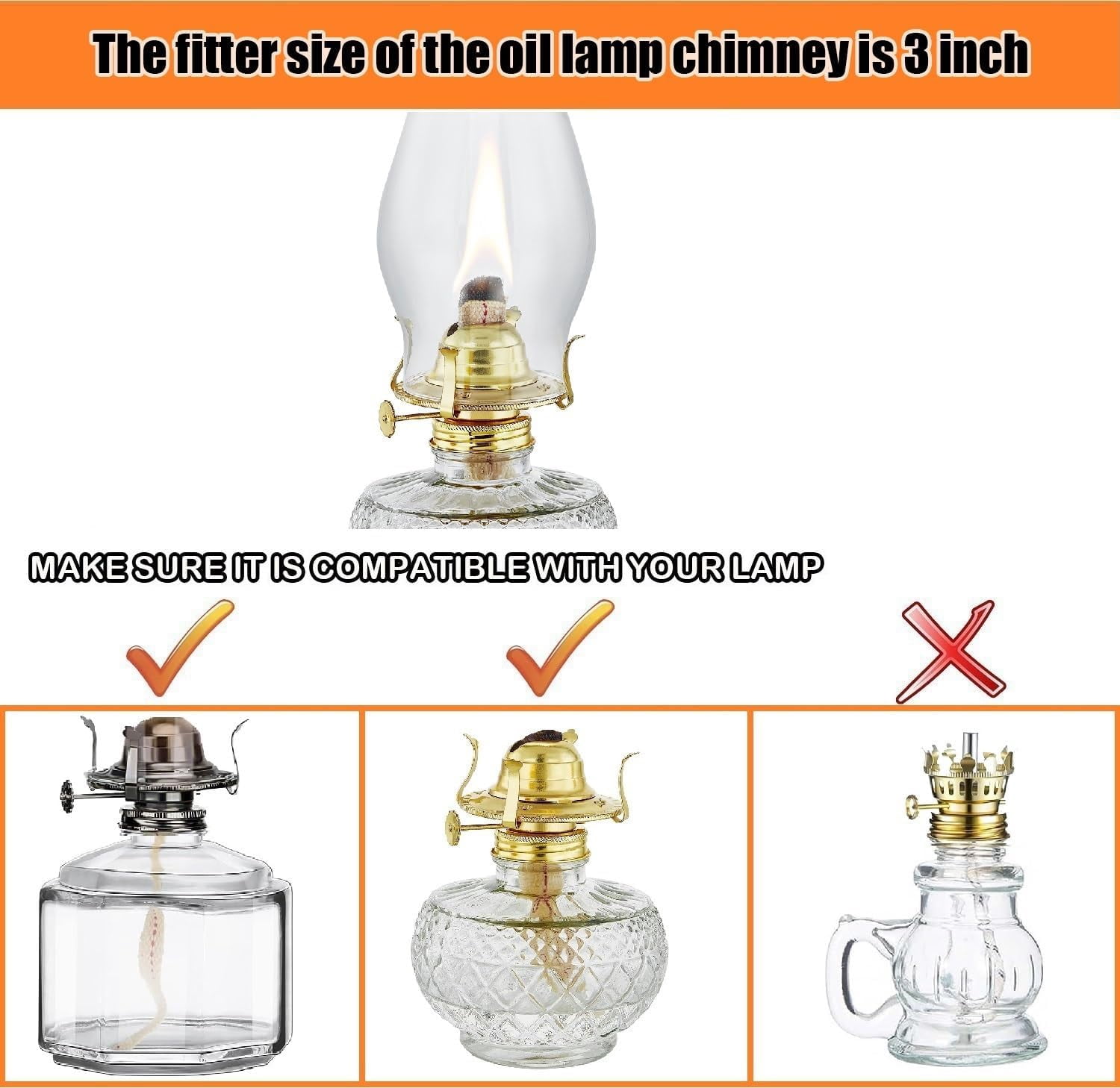 ABPETE Oil Lamp Chimney Replacement,3 Inch x 8 Inch Kerosene Lamp Globe,Clear Glass Oil Lamp Globe, Crimped Top Hurricane Lamp Shade Cover,Glass Chimney for Oil Lamps(1 Pack)