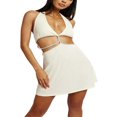 thumbnail image 1 of Femmes Été Slim Fit Robe Strass Patchwork V-Cou Cravate Licou Taille Mini Robe, 1 of 3
