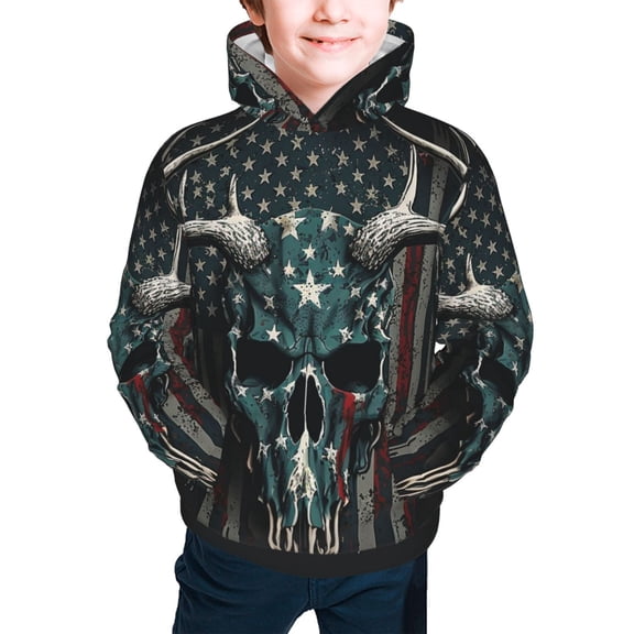 Youth Hoodies Sweashirts Kids Hooded Sweatshirt, American Flag Camouflage Deer Skull Camo