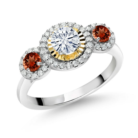 Gem Stone King 925 Silver and 10K Yellow Gold Red Garnet Lab Grown Diamond 3 Stone Women Engagement Ring Set with Moissanite (0.84 Cttw, Size 7)