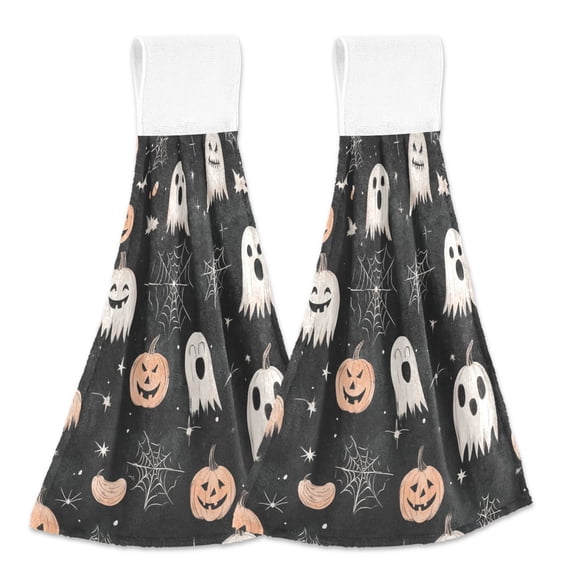 2 Pcs Kitchen Hand Towels with Hanging Loops Absorbent Soft Fast Drying Decor Bath Towels Pumpkin Ghost Spiderweb