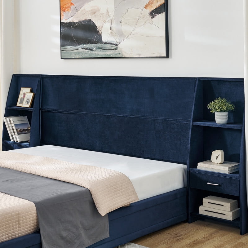 Queen/King Size Modern Upholstered Platform Bed Frame, Velvet Storage Bed with Headboard, Side Bookcases & Drawers Nightstand