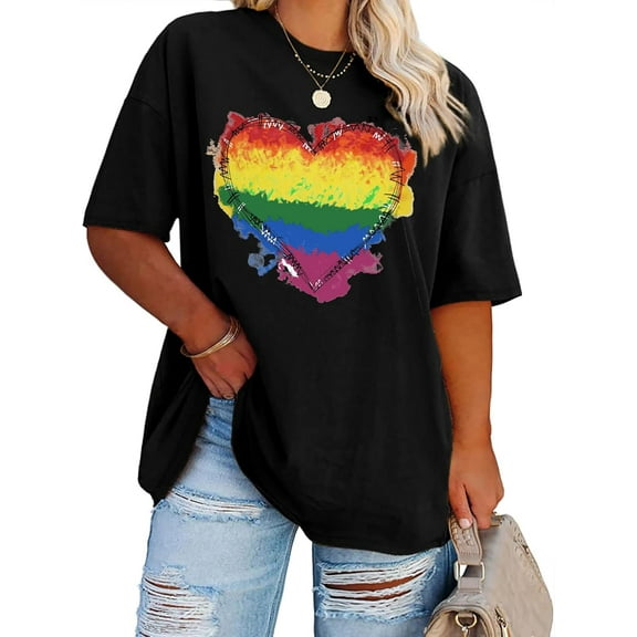 Plus Size Pride Shirt: Rainbow Heart Graphic Tshirt LGBT Gay Pride Tees Casual Short Sleeve Tops Tops Tee