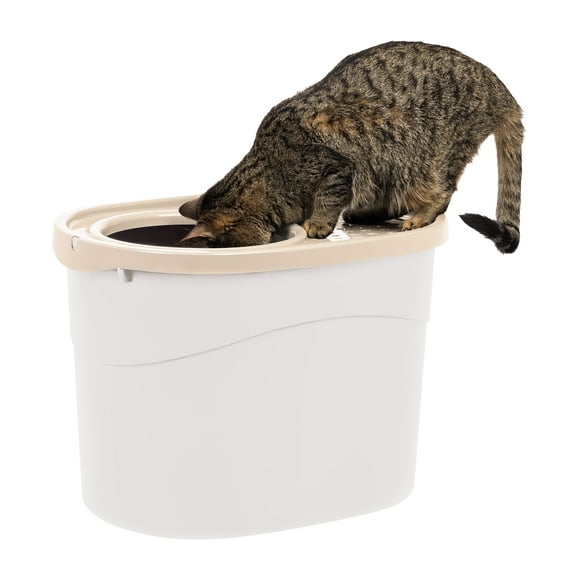 IRIS USA Cat Litter Box, Large Top Entry with Litter Catching Lid and Scoop, Dog Proof, Oval Enclosed Cat Litter Box, White/Beige
