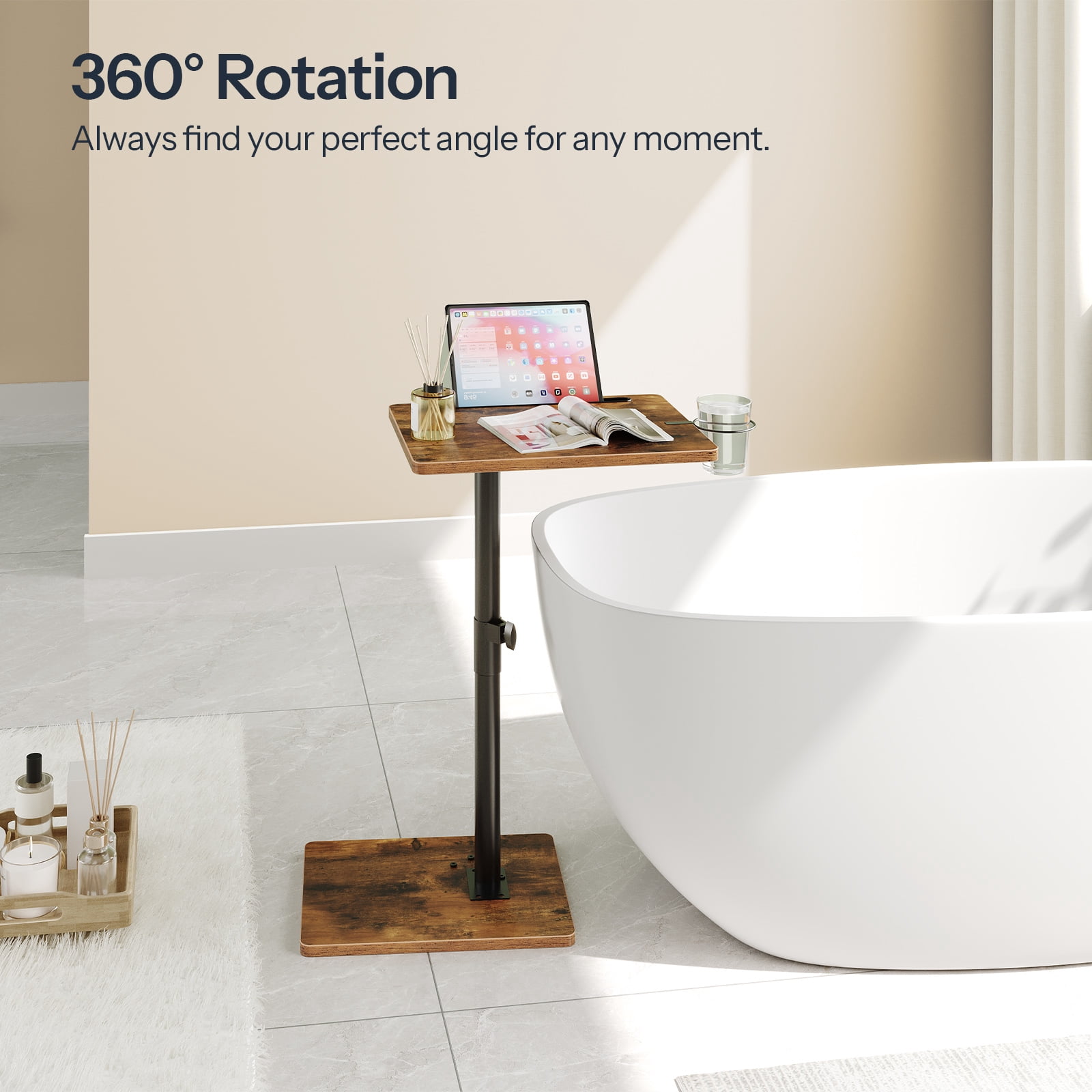 HOOBRO Adjustable C-Shaped TV Tray Table - Height Adjustable 16.5''-31.5'', 360° Swivel End Table with Cup Holder & Device Stand - Perfect for Small Spaces, Living Room, Bedroom ,Rustic Brown