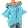 thumbnail image 2 of XFLWAM Women's Cold Shoulder Short Sleeve Tops Crochet Lace Trim Crew Neck T Shirts Solid Color Pleated Loose Casual Blouse Blue 5XL, 2 of 3
