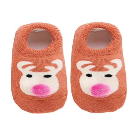 Unisex infant Baby Cute Animals Soft Cotton Socks Anti-Slip Slipper Socks (Orange Deer, L/12-24 Months)