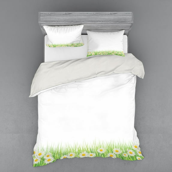 Ambesonne Floral Bedding Set 4 Pcs, Daisies in the Grass, Queen, Green White Yellow