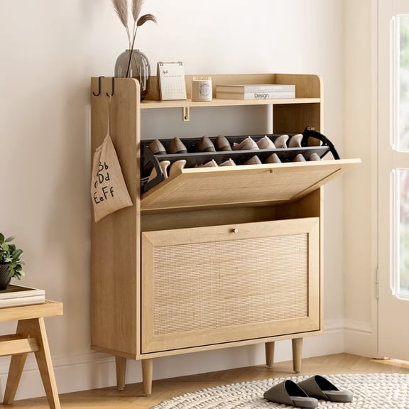 EYYTHUNG Farmhouse 2-Tier Rattan Wooden Shoe Cabinet, 12-Pair Capacity, Hidden Narrow Shoe Rack Storage