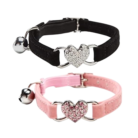 Miaocao Heart Bling Cat Collar with Safety Belt and Bell Adjustable 8-10 inches for Kitten Cats (Black Pink)