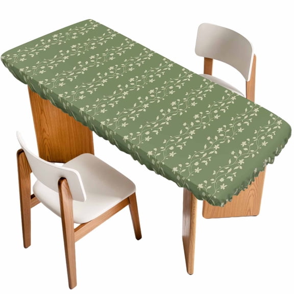 Sage Green Floral Table Cloths for 8 Foot Rectangle Tables, Spring Flowers Patio Waterproof Elastic Fitted Tablecloths, Washable Rectangular Table Cover for Camping