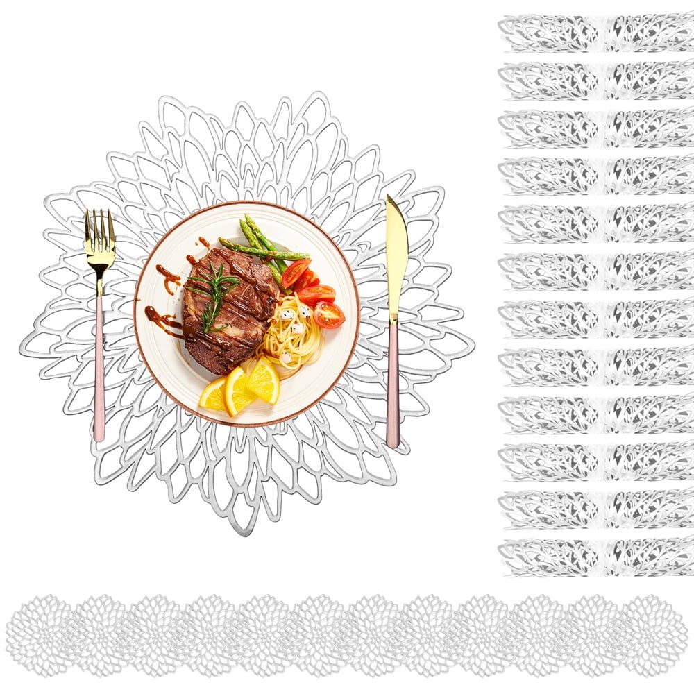 24 PCS Pressed Vinyl Placemats and Coaster Sets,Metallic Hollow Out Placemats,12Placemat and