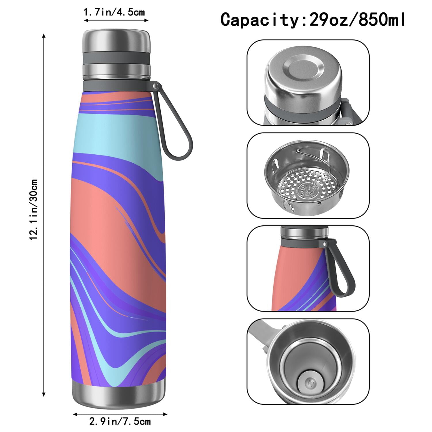 29oz Insulated Water Bottle with Tea Infuser, Stainless Steel Travel Mug, Liquid & Marble Print