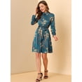 thumbnail image 3 of Vestido Floral Allegra K de una Línea de Manga Larga Azul pavo real satinado S, 3 of 6