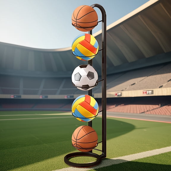 A 5-tier wrought iron basketball stand that can accommodate volleyball and soccer.