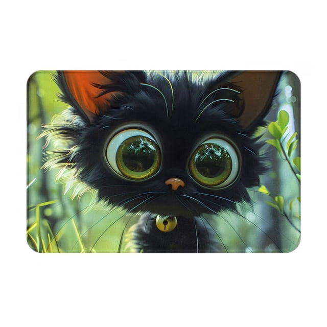 Balery Cute Big-Eyed Black Cat Felpudo de franela, resistente a las manchas y a la decoloración, para uso interior y exterior, fácil de limpiar, 40 x 60 cm