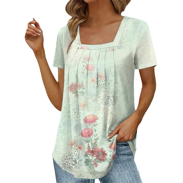 Gibobby Blusa de Trabajo de Manga Corta Tops verano para mujer, cuello cuadrado, plisado, frente, manga corta, túnica, camisas (Verde,CH)