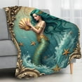 thumbnail image 4 of 1pc Mermaid printing Throw Blanket - Turquoise & Golden Oceanic Design with Mermaid Tail, All-Season Soft Flannel - Machine Washable, 4 of 5