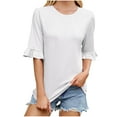 thumbnail image 2 of YHAJDS Womens T Shirts Trendy Short Sleeve Round Neck Rolled Hem Solid Color Tee Loose Casual Top, 2 of 5