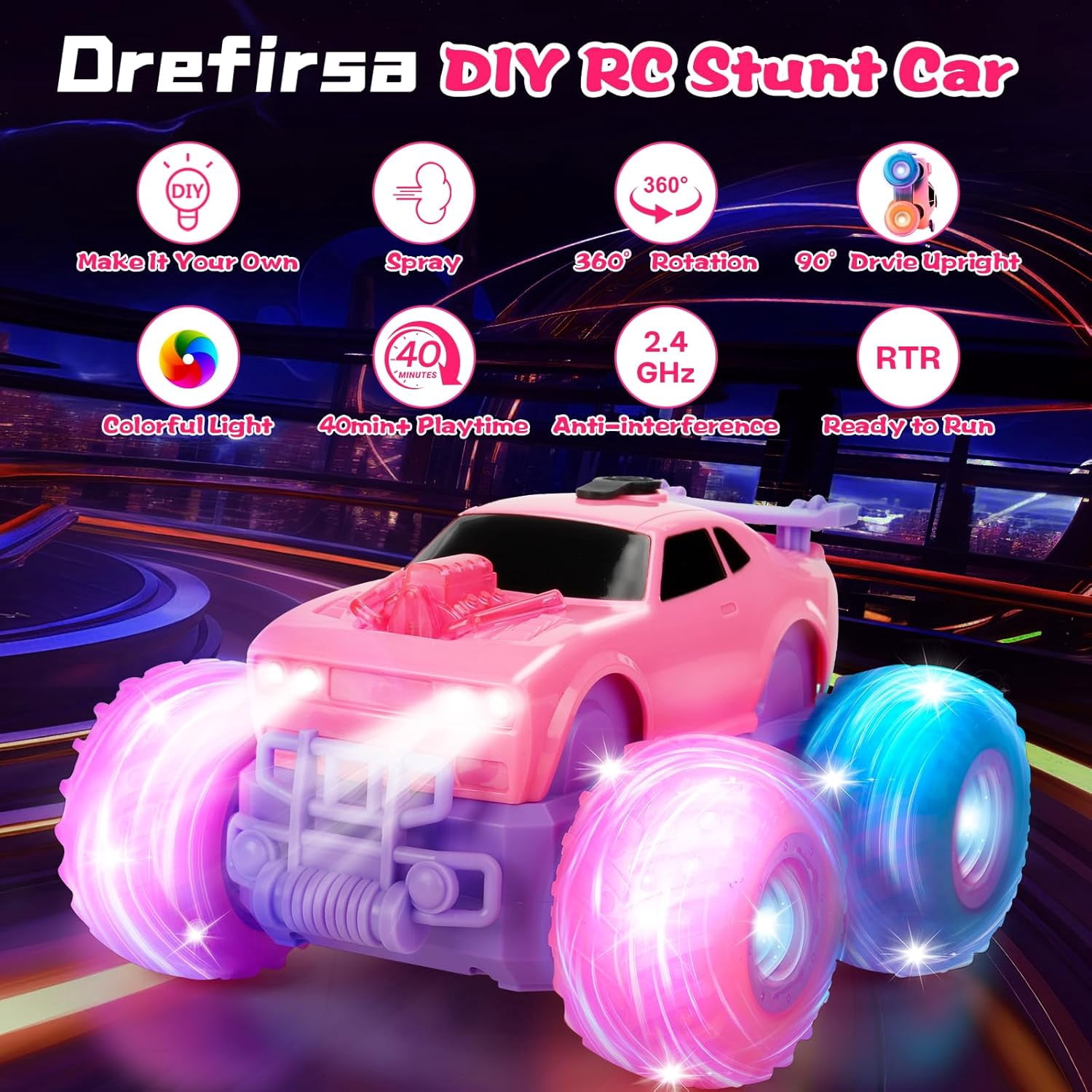 Drefirsa Princess Remote Control Car, Pink Monster Truck with Flashing Light, Spray, Stunt and DIY Sticker