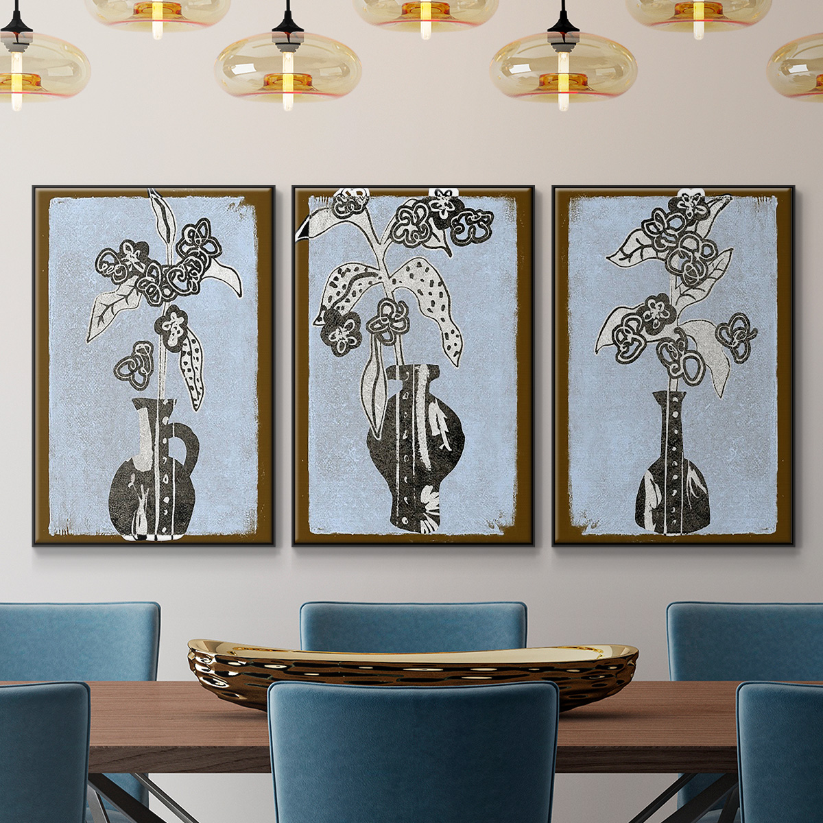 Graphic Flowers in Vase I - Framed Premium Gallery Wrapped Canvas L Frame 3 Piece Set - Ready to Hang