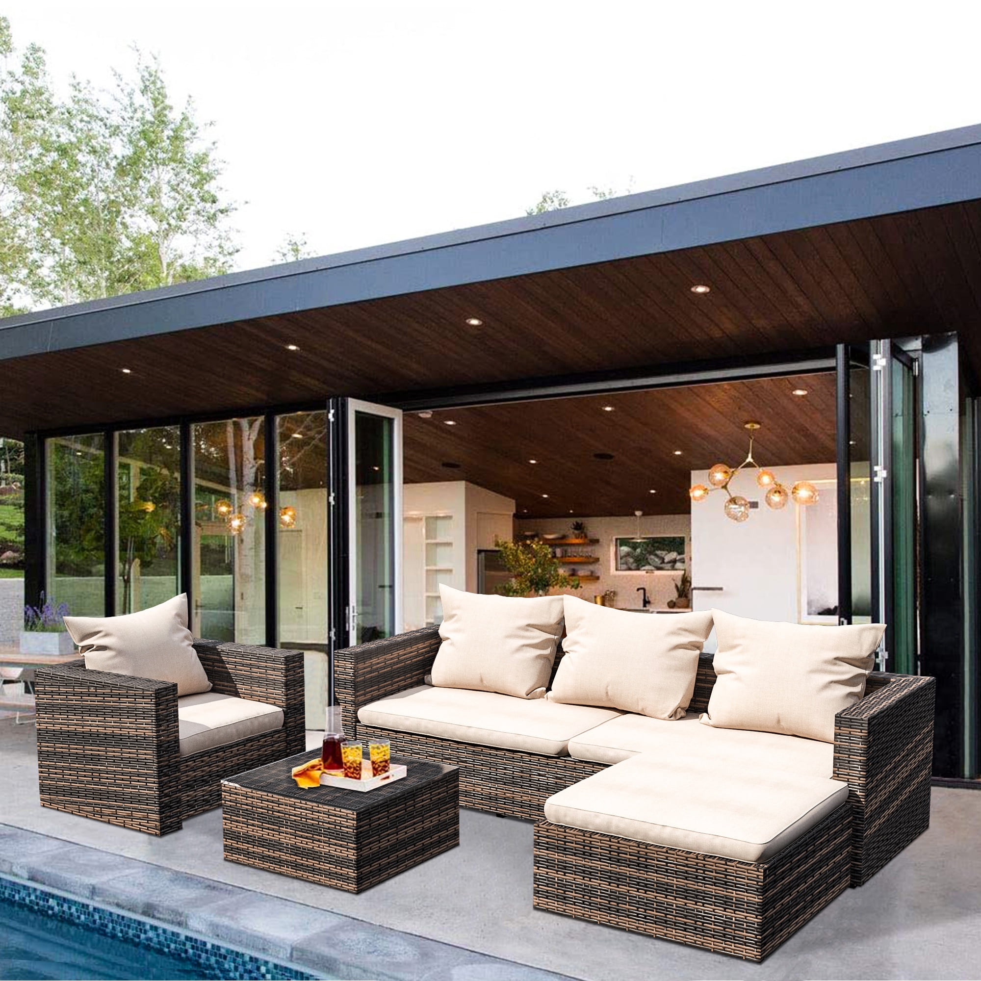 Rattan Patio Sofa Set, 4 Pieces Outdoor Sectional Furniture Set, All-Weather PE Rattan Wicker Patio Conversation Set, Cushioned Sofa Set with Glass Table for Patio Garden Poolside Deck