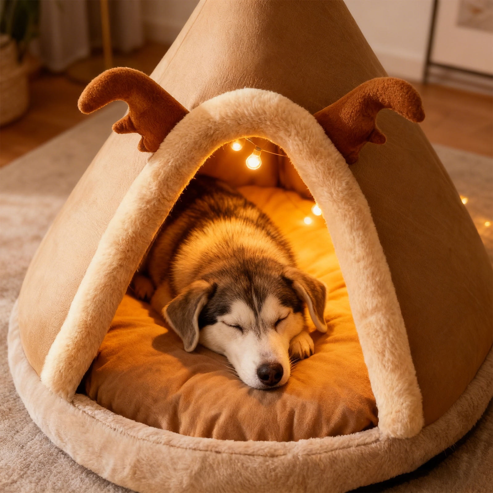 Deer Antler Teepee Pet Bed With Thick Cushion Cozy Cat Tent Bed For Indoor Small Animals(Brown-15In)