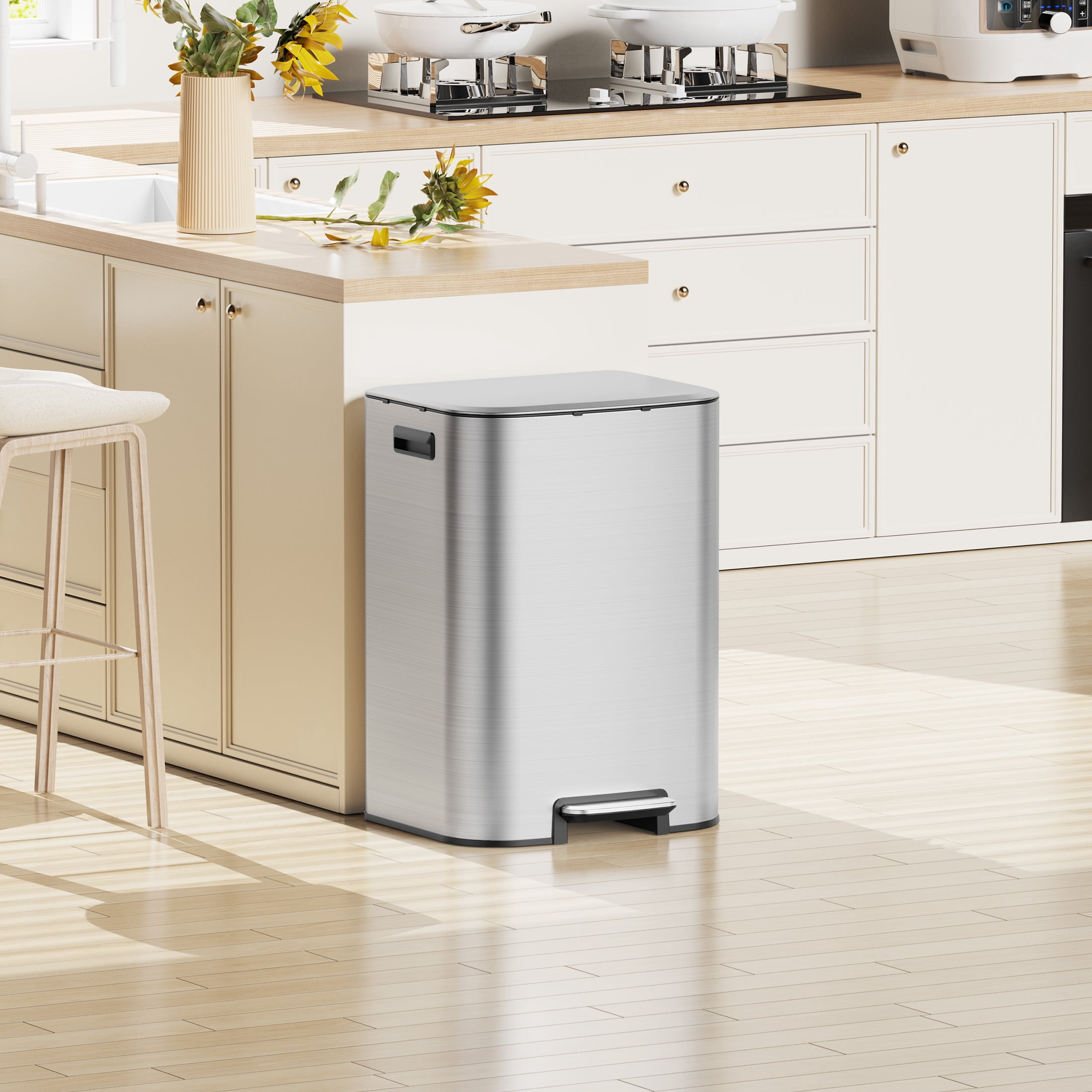 KSSKSS 16 Gallon/60L Large Stainless Steel Trash Can with Soft-Close Lid,Heavy Duty Hands-Free Commercial Step Trash Bin with Removable Inner Bucket, Pedal Garbage Can for Home Office and Kitchen
