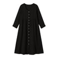 thumbnail image 6 of Ohufall Women Dresses Cotton Linen Button Crew Neck Long Sleeve Dress Pleated Loose Comfort Casual Maxi Dress, 6 of 6
