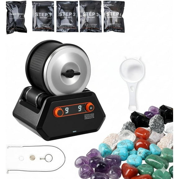 Rock Tumbler Kit, 3 lbs Rock Polishing Kit with 4 Speed Settings & 9-Day Timer, Low-Noise Stone Polisher with Rough Gemstones & Grits for Kids & Adults